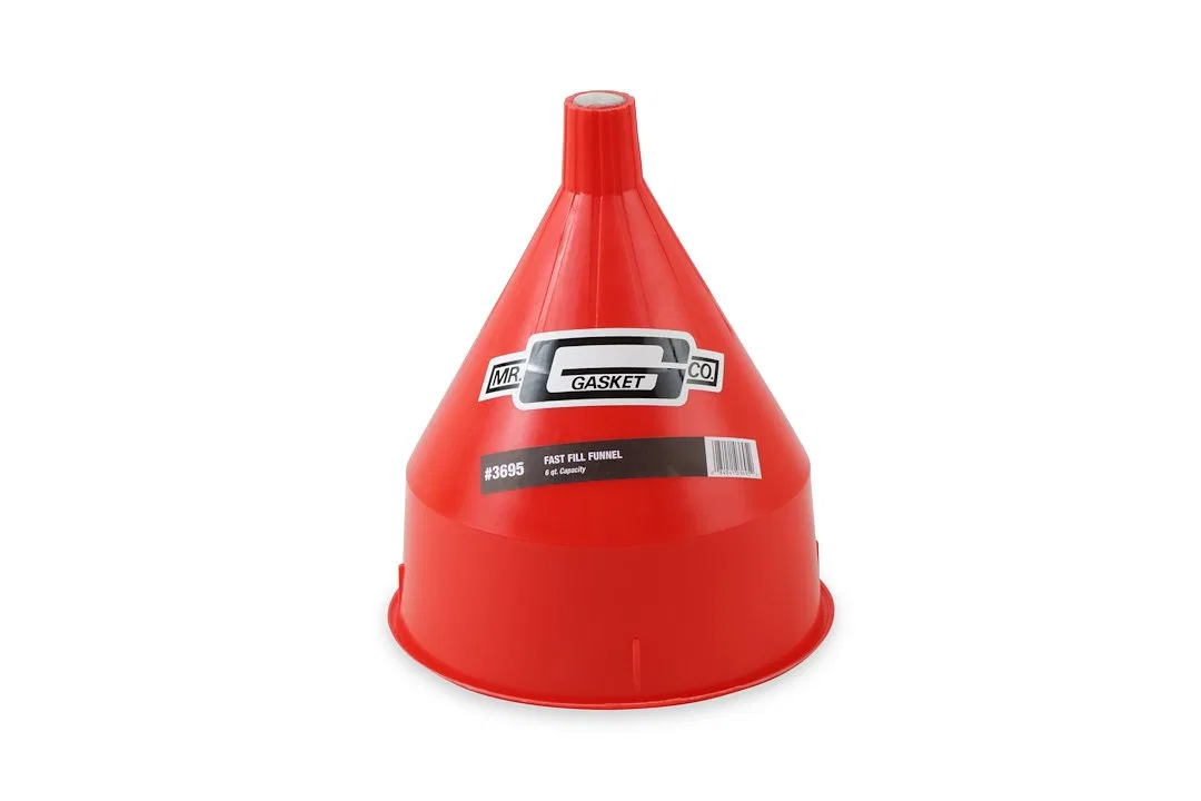 3695 – MR GASKET Funnel, Round 6 Quart Capacity Red Plastic With Built-in Brass Screen